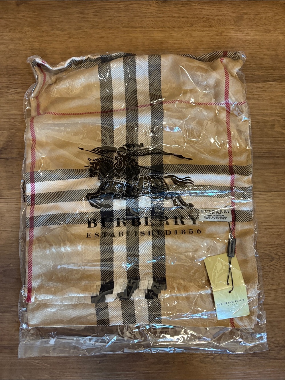 Burberry Beige Plaid scarf with Black Crest Logo